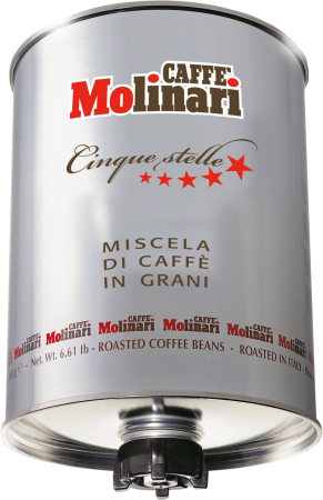 เมล็ดกาแฟอิตาลี คั่วกลาง เกรดพรีเมียม CAFFE' MOLINARI CINQUE STELLE (5 STARS) บรรจุถัง 3kg.