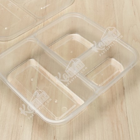 กล่องอาหาร PP ใส 3 ช่อง 1000 ml + ฝาลึก (PO) 25 PCS/PACK)