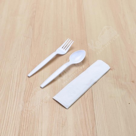 ชุดช้อน+ส้อมPSขาว+ทิชชู่ (แพคในซองพลาสติก) (50ชุด/แพค)