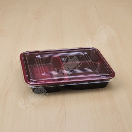 กล่องอาหาร PPแดงดำ 3ช่อง SB-L1 + ฝาใส (50 ชิ้น/แพค)