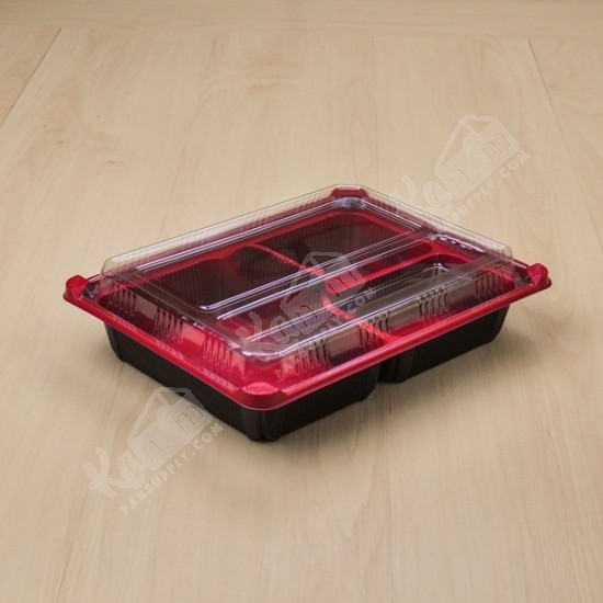กล่องอาหาร PP ดำ/แดง 3 ช่อง (EX) + ฝา PET วางช้อน (25 ชิ้น/แพค)